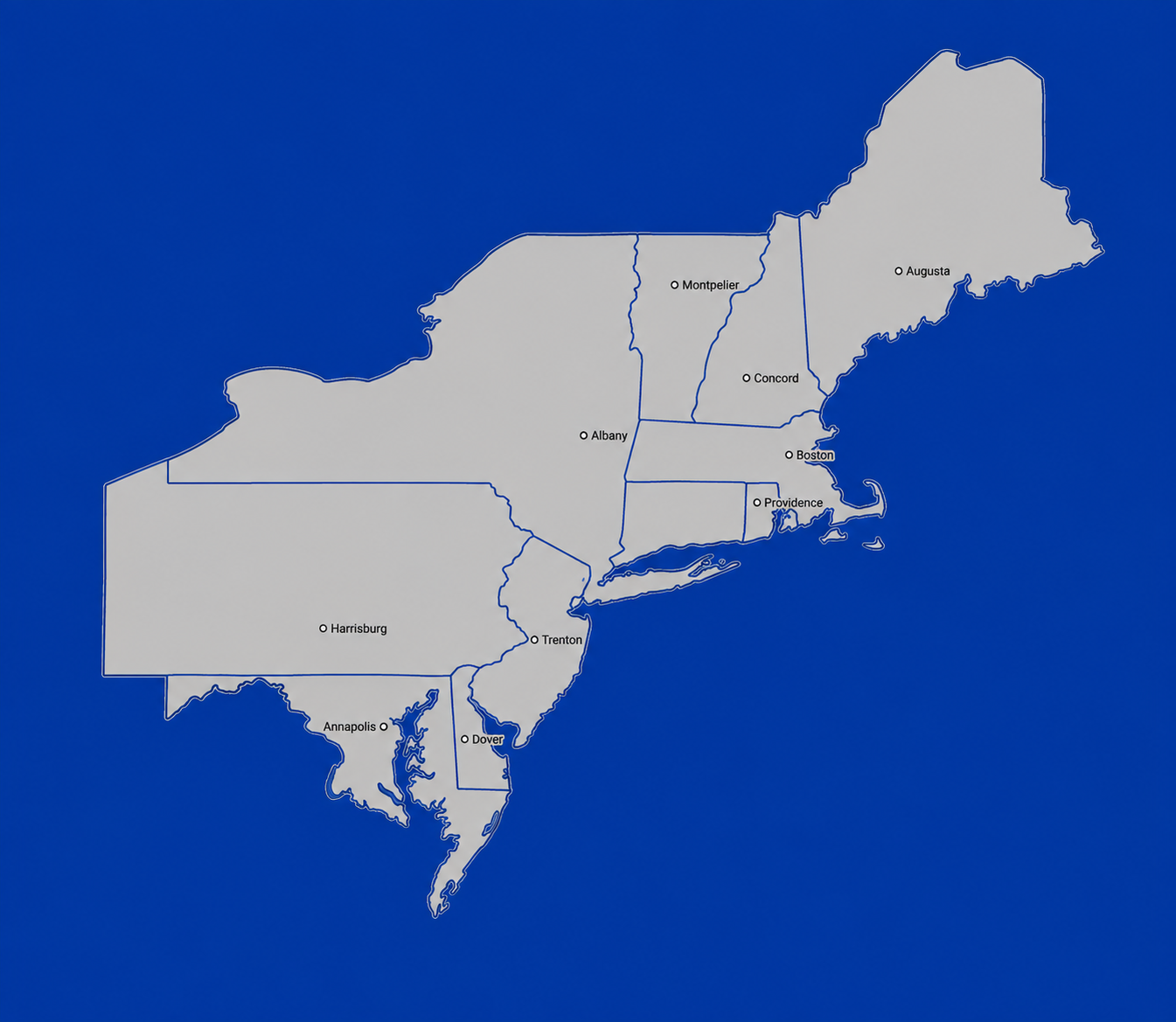 Outline map of the northeastern United States with state borders and labeled cities (Boston, Providence, Albany, Montpelier, Concord, Augusta, etc.) on a blue background.