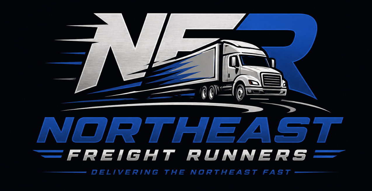 Logo for Northeast Freight Runners: a silver-blue semi speeding past large NE letters with bold blue 'NORTHEAST' and 'FREIGHT RUNNERS' text underneath, on a dark background.