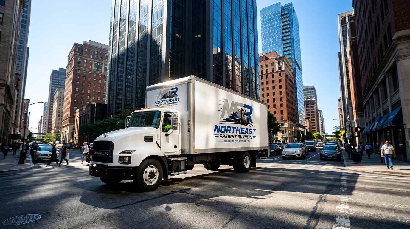White delivery truck with Northeast Freight Runners logo drives through a busy city street lined with tall buildings and pedestrians nearby.