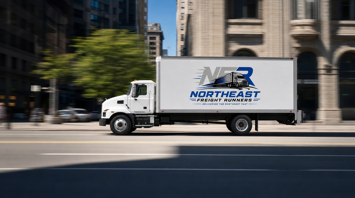 White delivery truck with Northeast Freight Runners logo driving through a city street, motion blur in the background for speed impression.