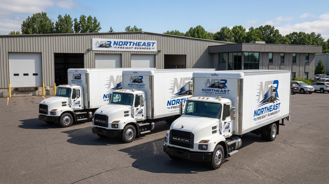 Three white Mack box trucks with Northeast Freight Runners branding parked in front of a warehouse.