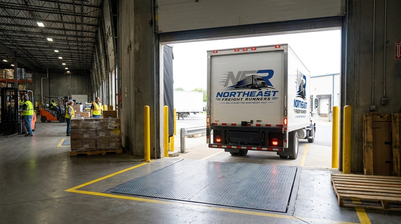 Warehouse loading dock with a white Northeast Freight Runners truck backing out of the bay onto an outdoor lot, workers in vests nearby and pallets stacked inside the warehouse.
