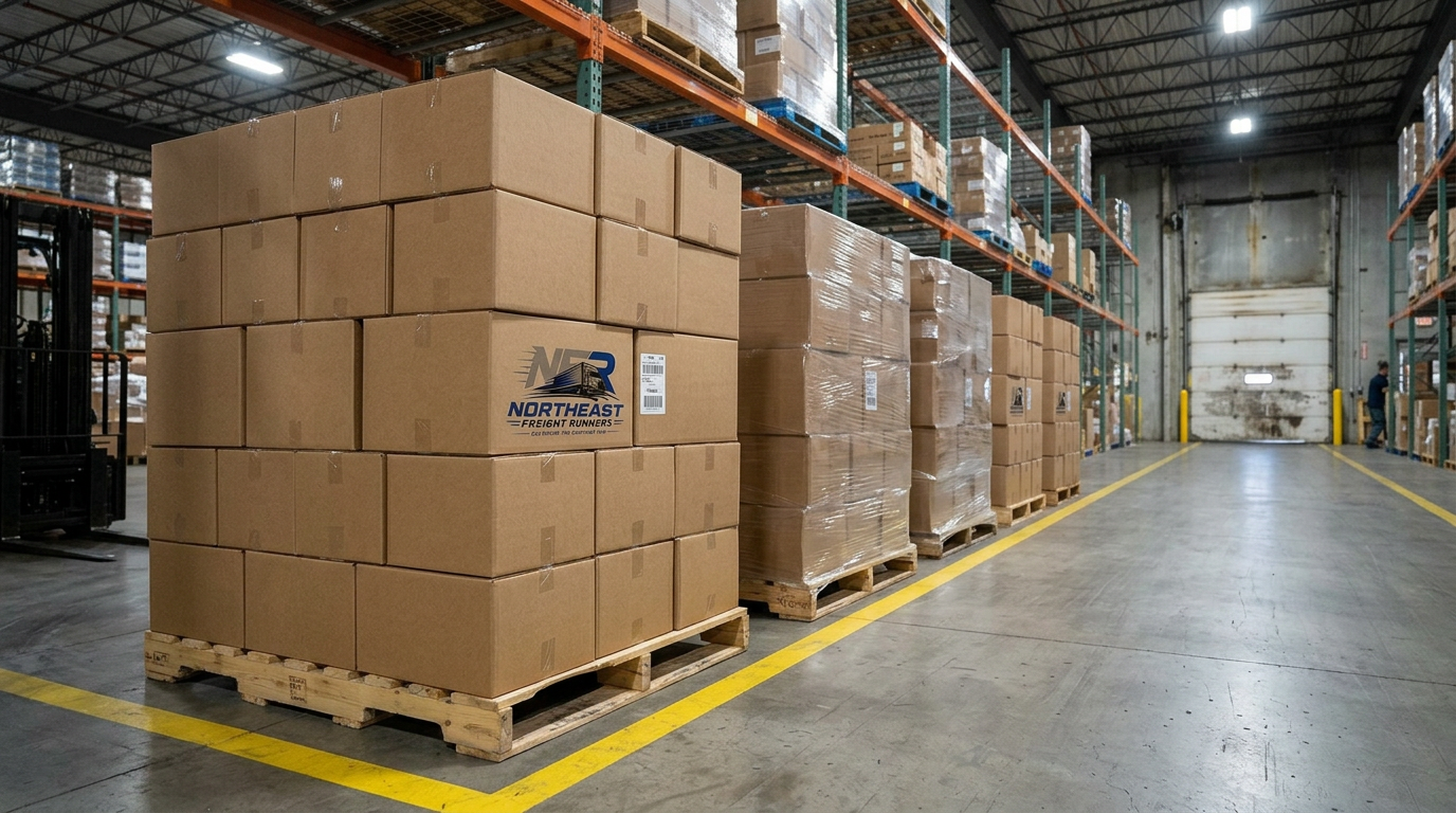 Warehouse aisle with tall shelves and pallets of cardboard boxes on the floor